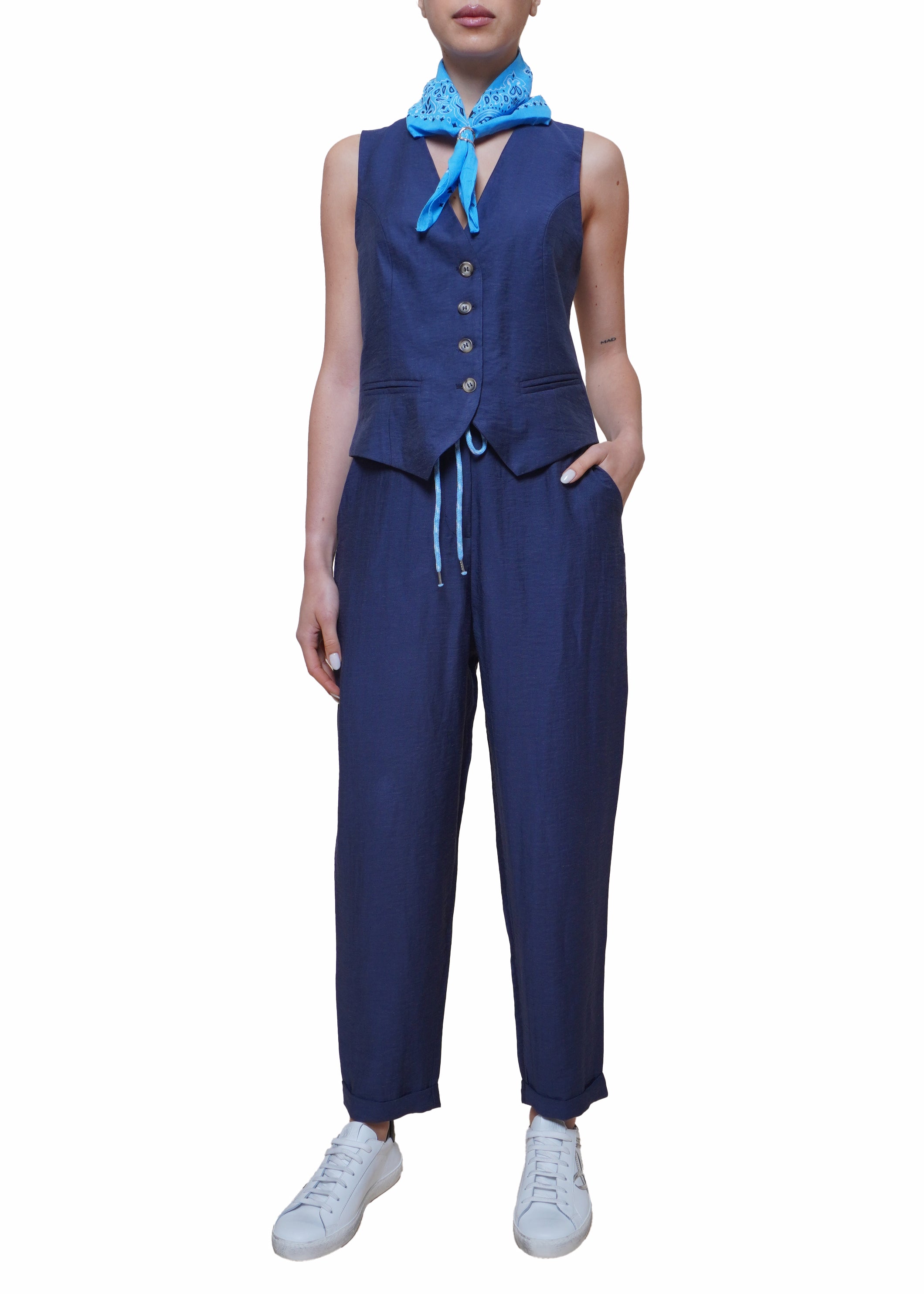 Susy Mix Completo gilet e pantalone misto lino BLU – TooB Fashion